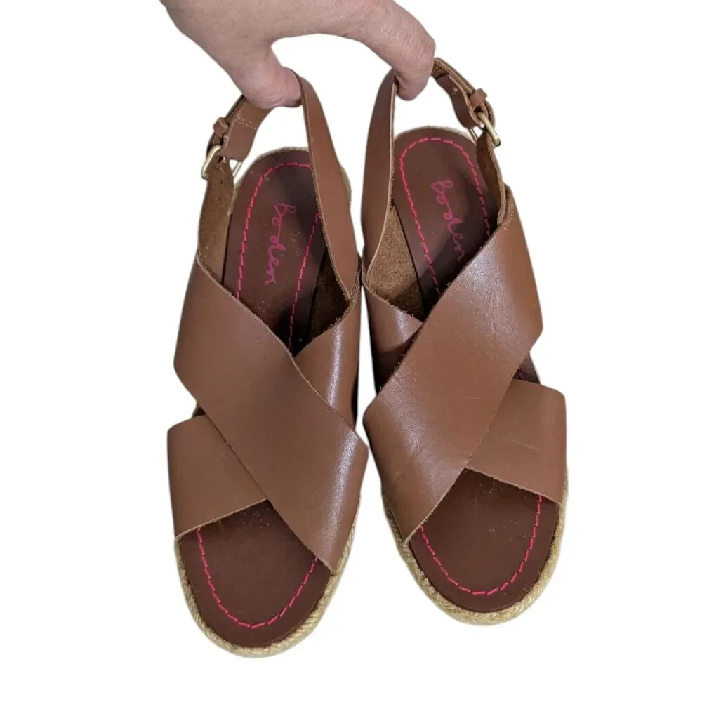 Boden Size 37 US 7 Brown Crossover Rope Platform Wedge Leather Espadrille Sandal